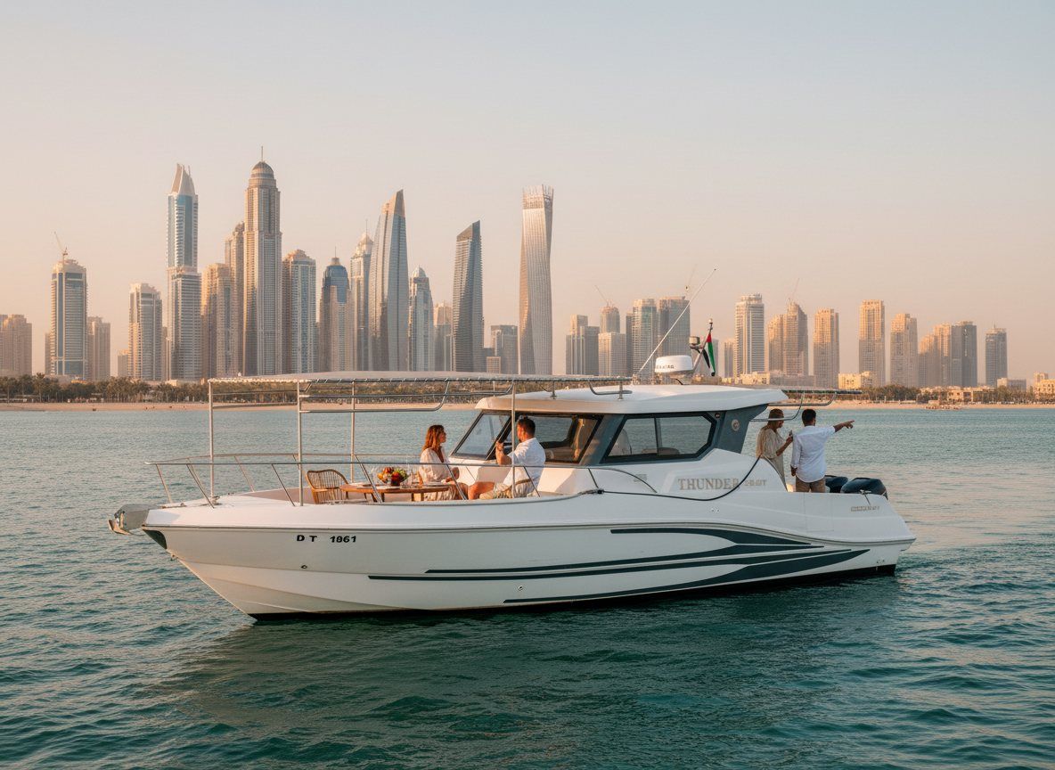 A dining table is set on a yacht deck facing the Dubai Marina towers