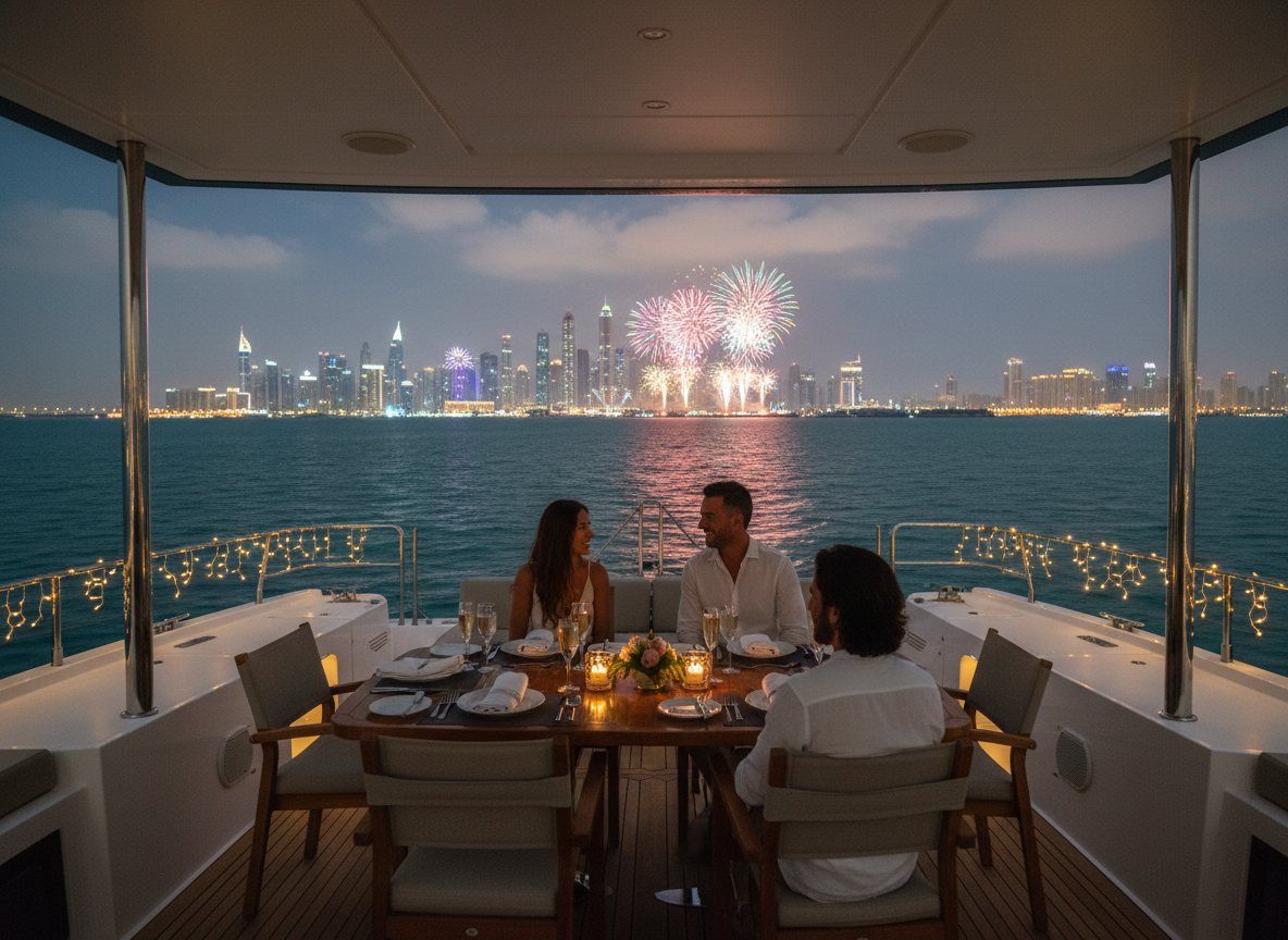 A dining table set on a yacht deck under lights against Dubai fireworks