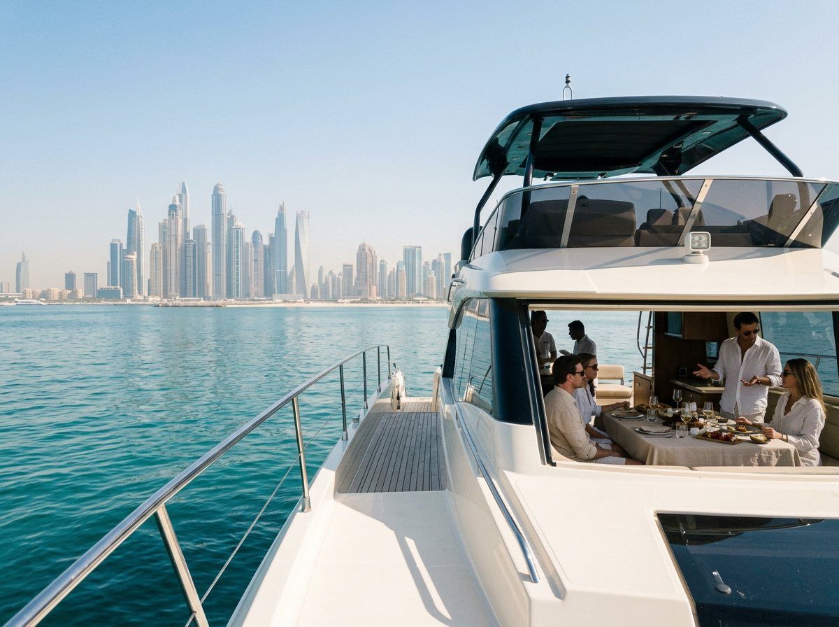 A dining table set on the yacht stern deck facing Dubai Marina across the water
