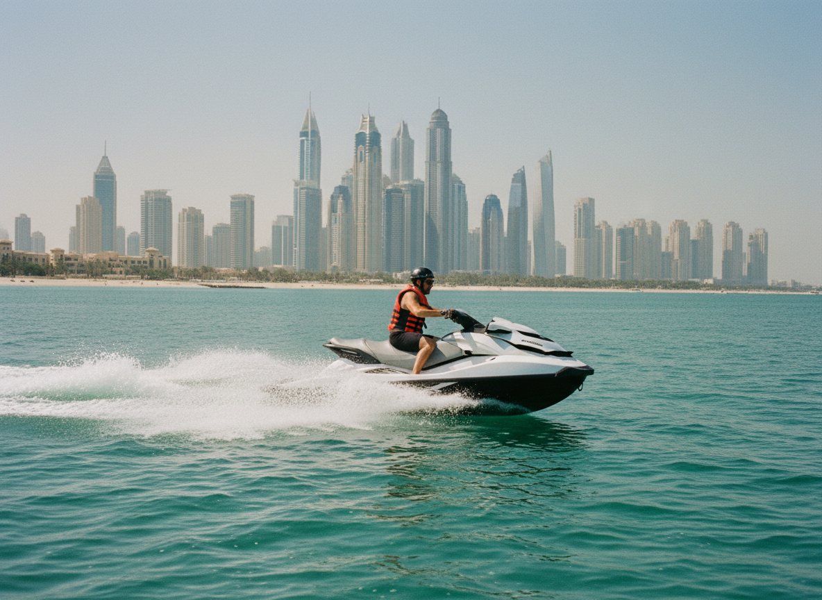 Ein Jetski-Fahrer zieht eine scharfe Kurve vor der Kulisse der Dubai Marina