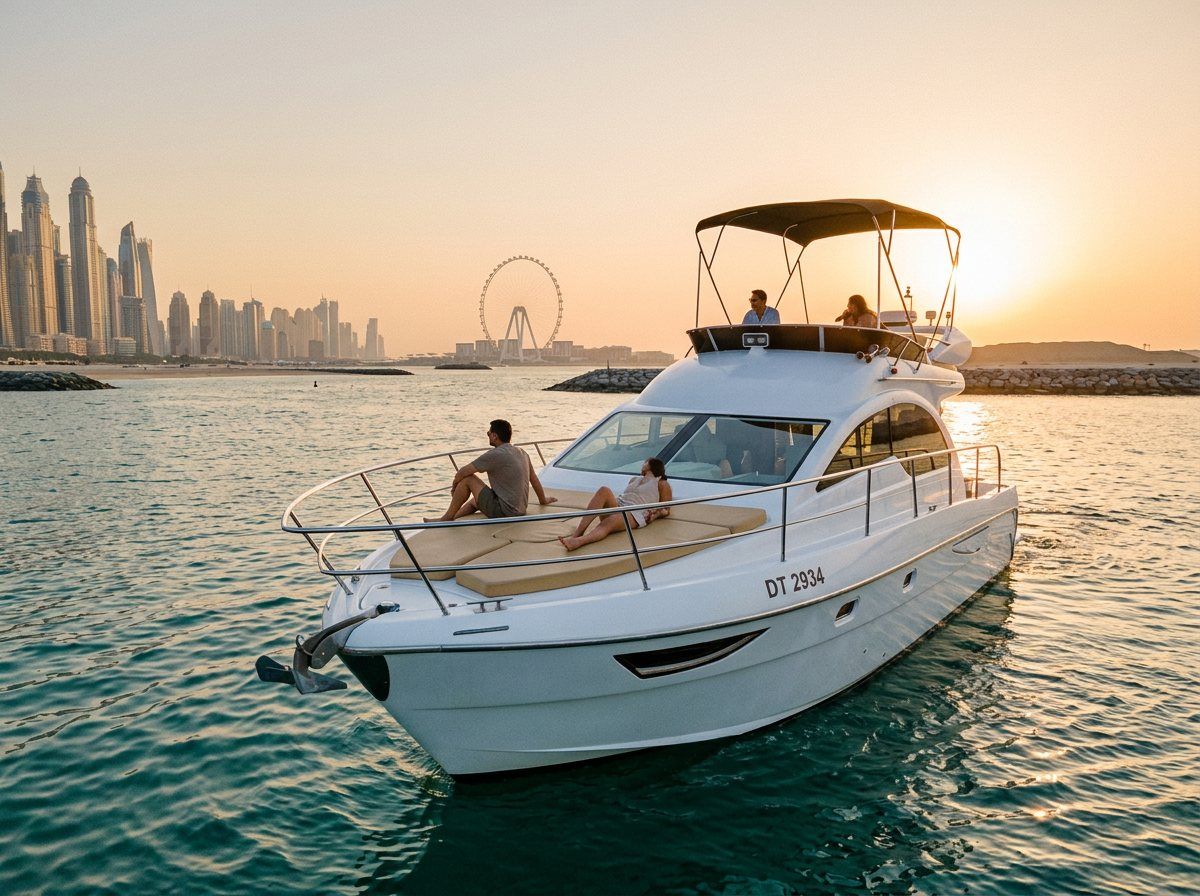 Blick vom Vorschiff einer Yacht auf die beleuchtete Skyline von Dubai