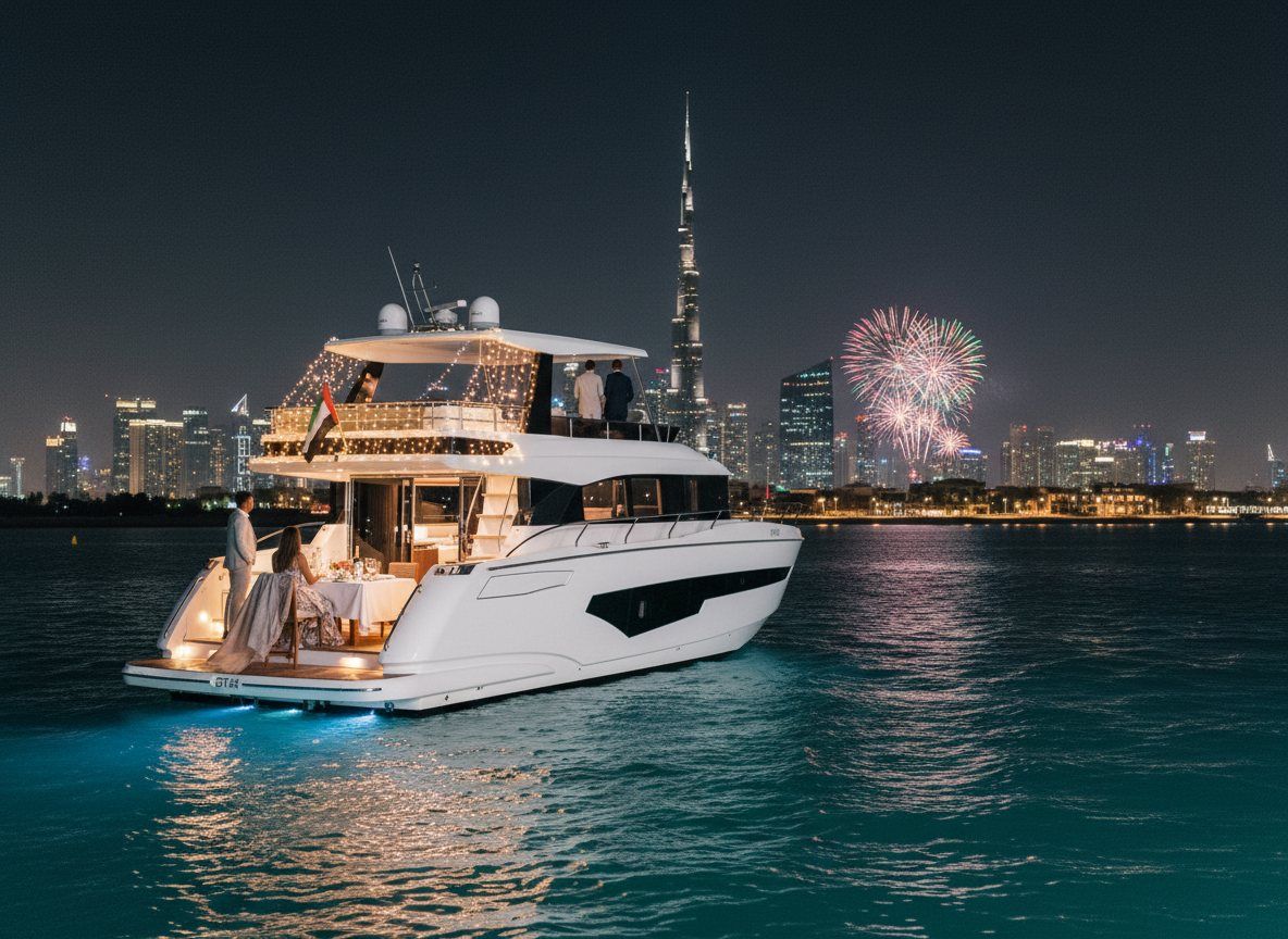 A luxury yacht deck set for dinner at night against the illuminated Dubai skyline