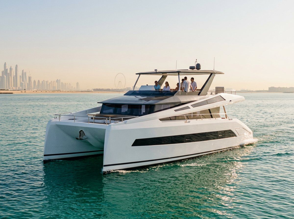 Gruppe von Gästen genießt die Aussicht auf der Flybridge einer Yacht