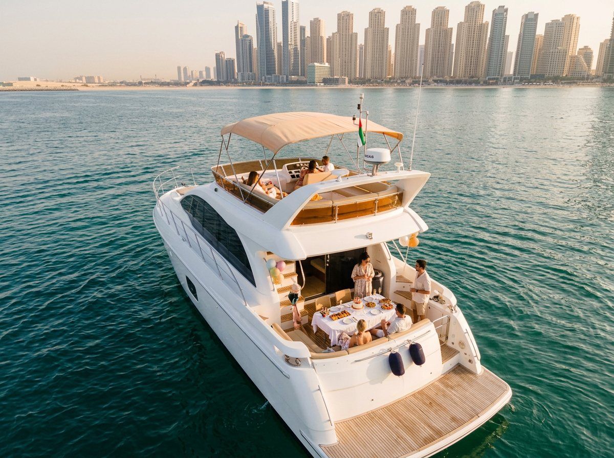 Aerial view of a dining table set on a yacht deck near Dubai Marina towers