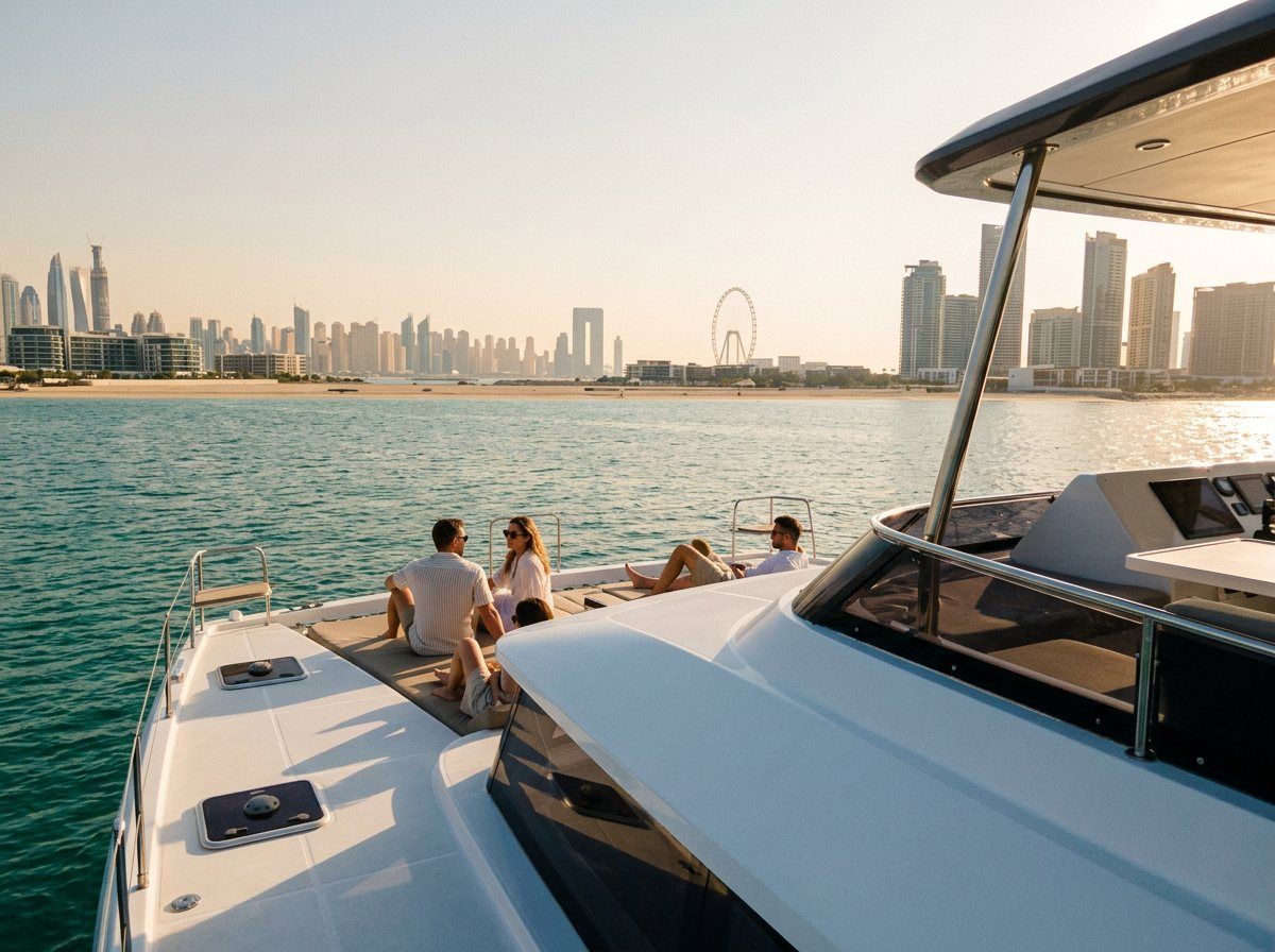 Bow of yacht pointing toward impressive Dubai coastline towers across water