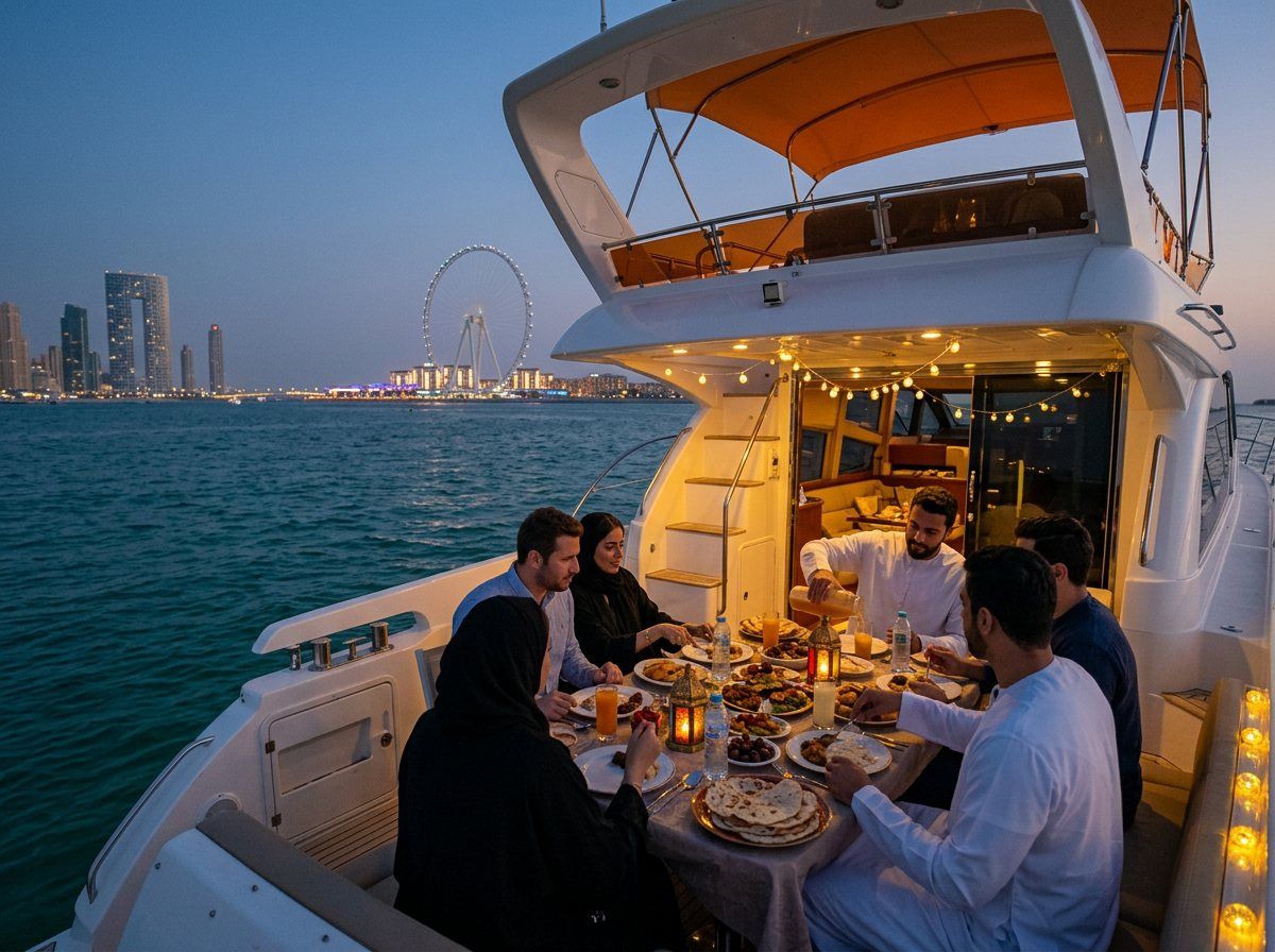 Bright cityscape lights of Dubai waterfront reflecting on the sea at night