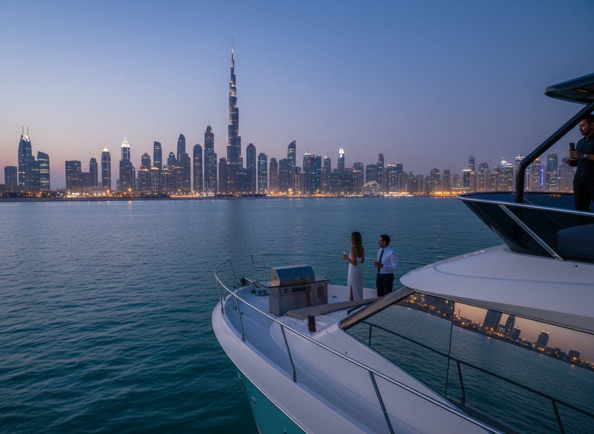 Bright cityscape lights of Dubai waterfront reflecting on the sea at night