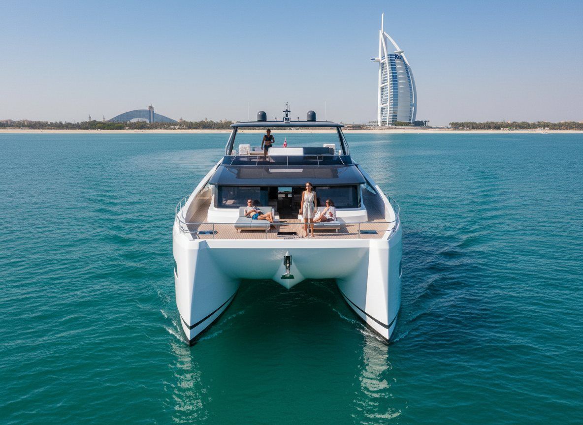Das berühmte Hotel Burj Al Arab vom Wasser aus vor dem Bug gesehen