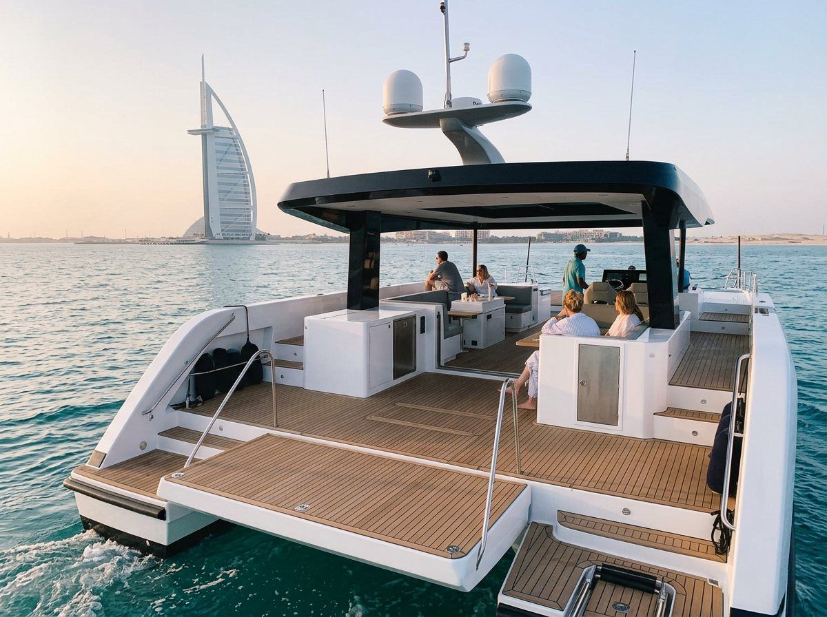 Burj Al Arab seen across open water from modern yacht deck