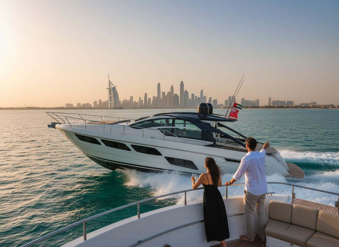 Blick vom Deck einer Motoryacht auf das Burj Al Arab bei tiefstehender Sonne