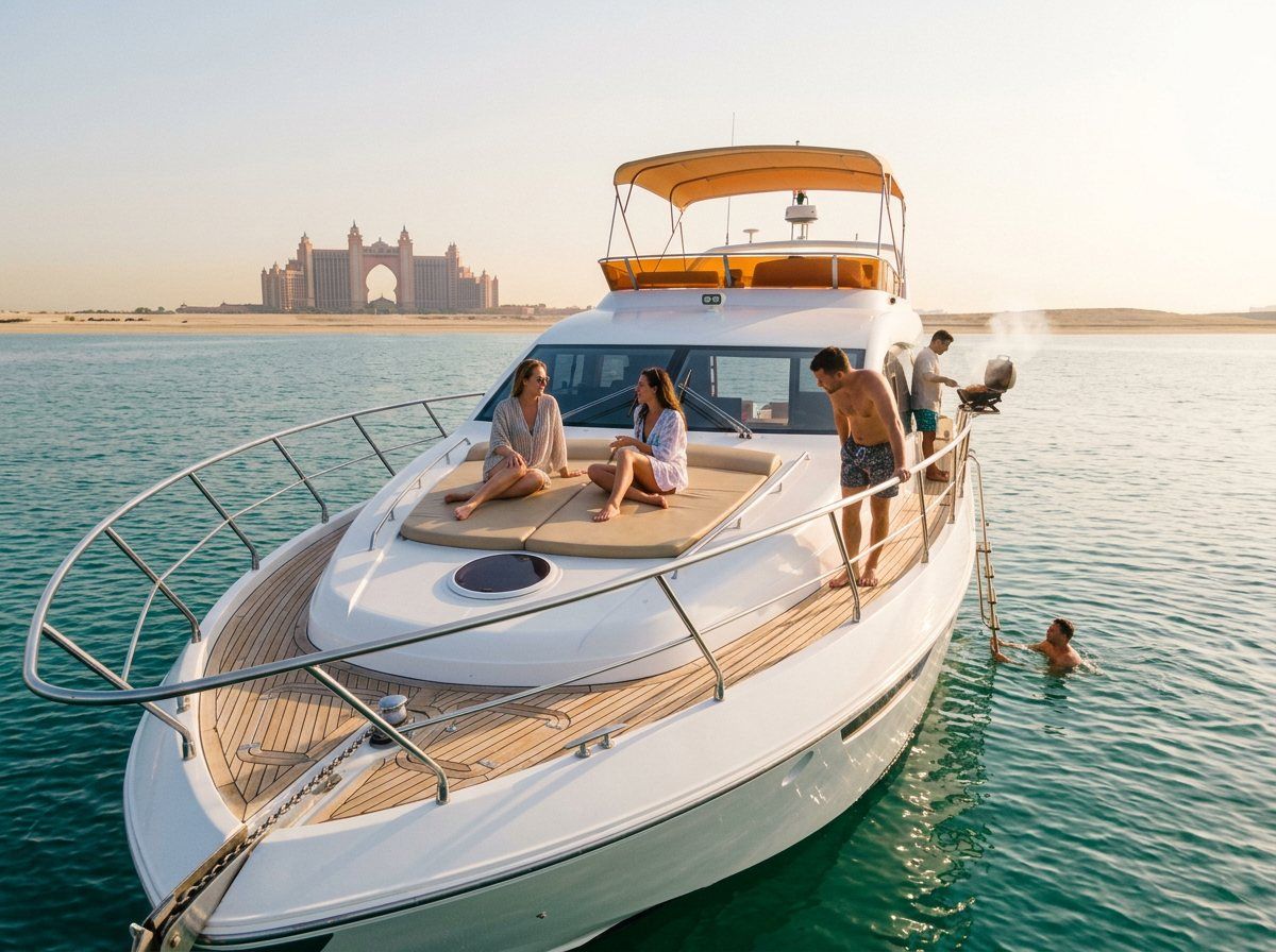Clear sea waters near Palm Jumeirah with iconic Atlantis resort on the horizon