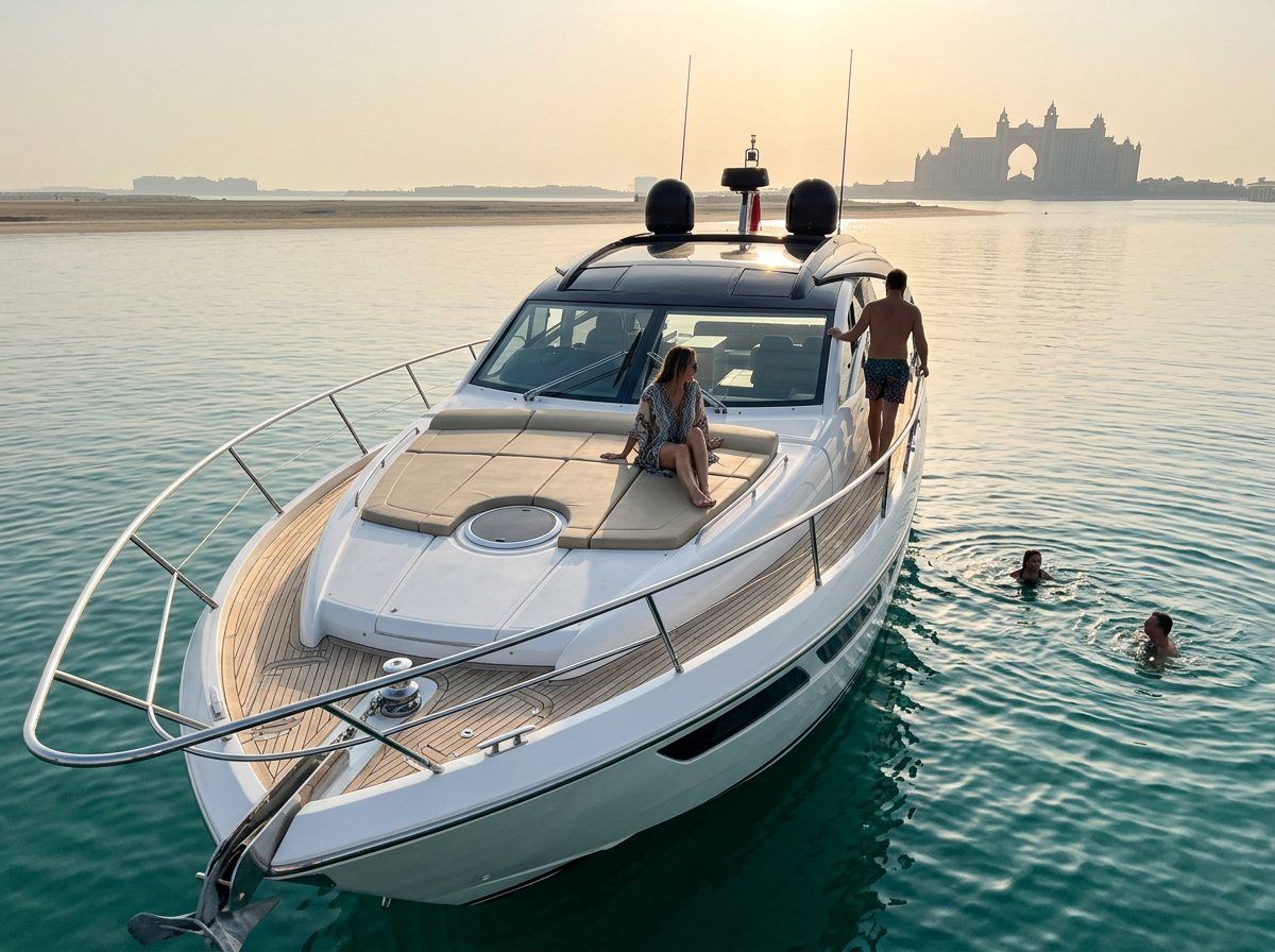 Clear sea waters near Palm Jumeirah with iconic Atlantis resort on the horizon