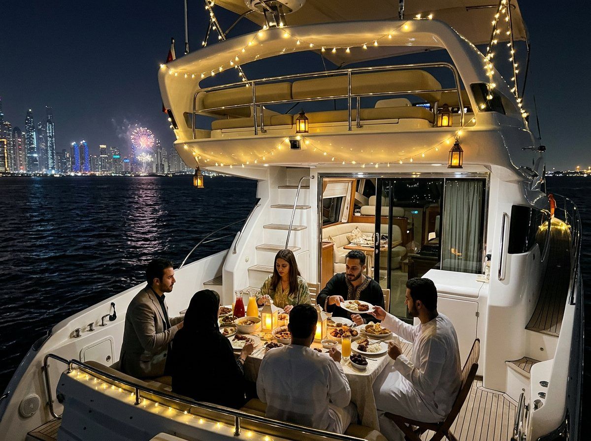 Decorated yacht dining deck illuminated by festive lights and city fireworks overhead