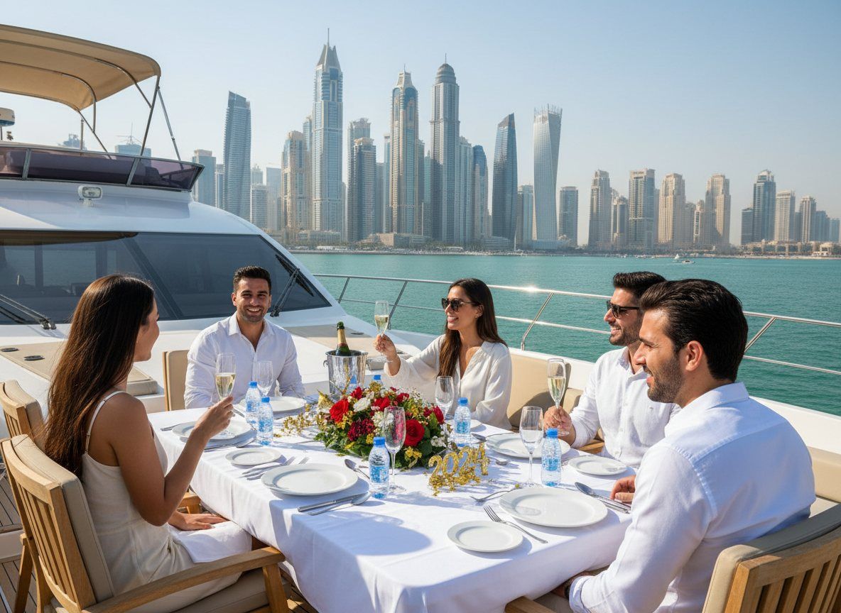 Dining table arranged on the aft deck with Dubai Marina towers across blue water