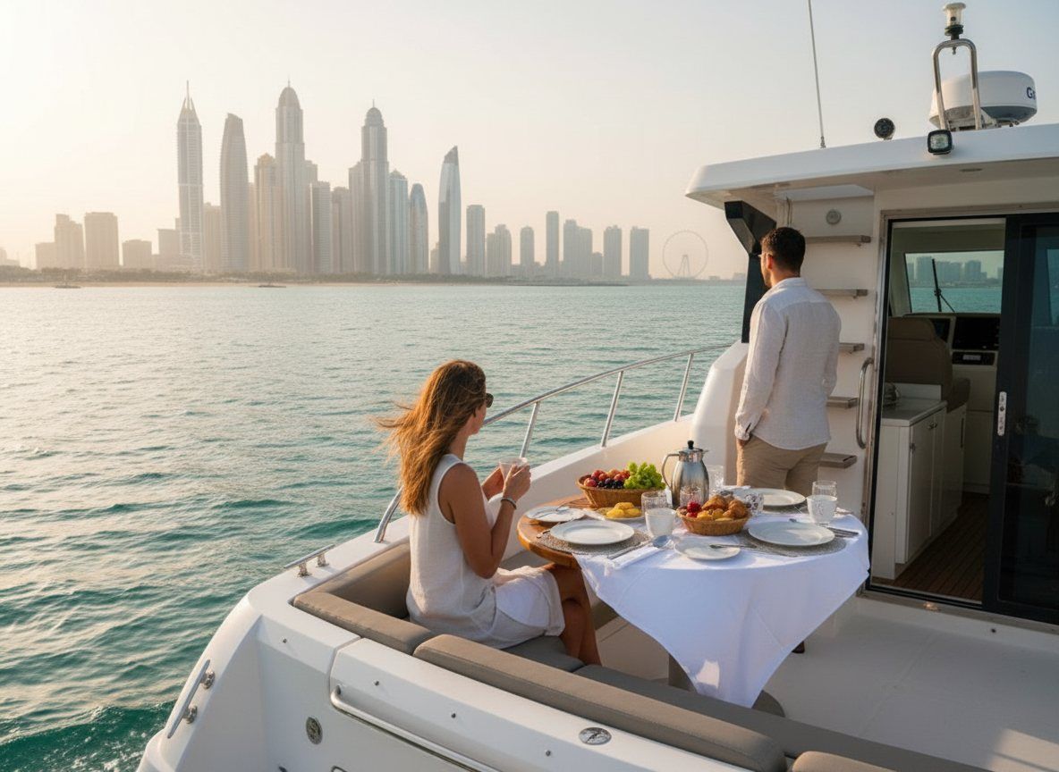 Eingedeckter Tisch auf dem Achterdeck mit Blick auf die Hochhäuser der Dubai Marina