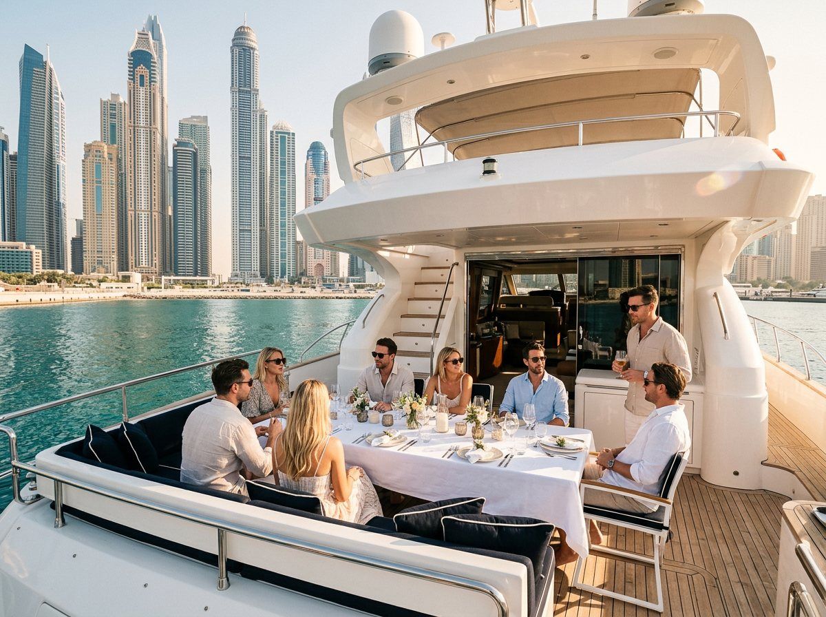 Dining table set on a yacht deck facing the Dubai Marina skyline