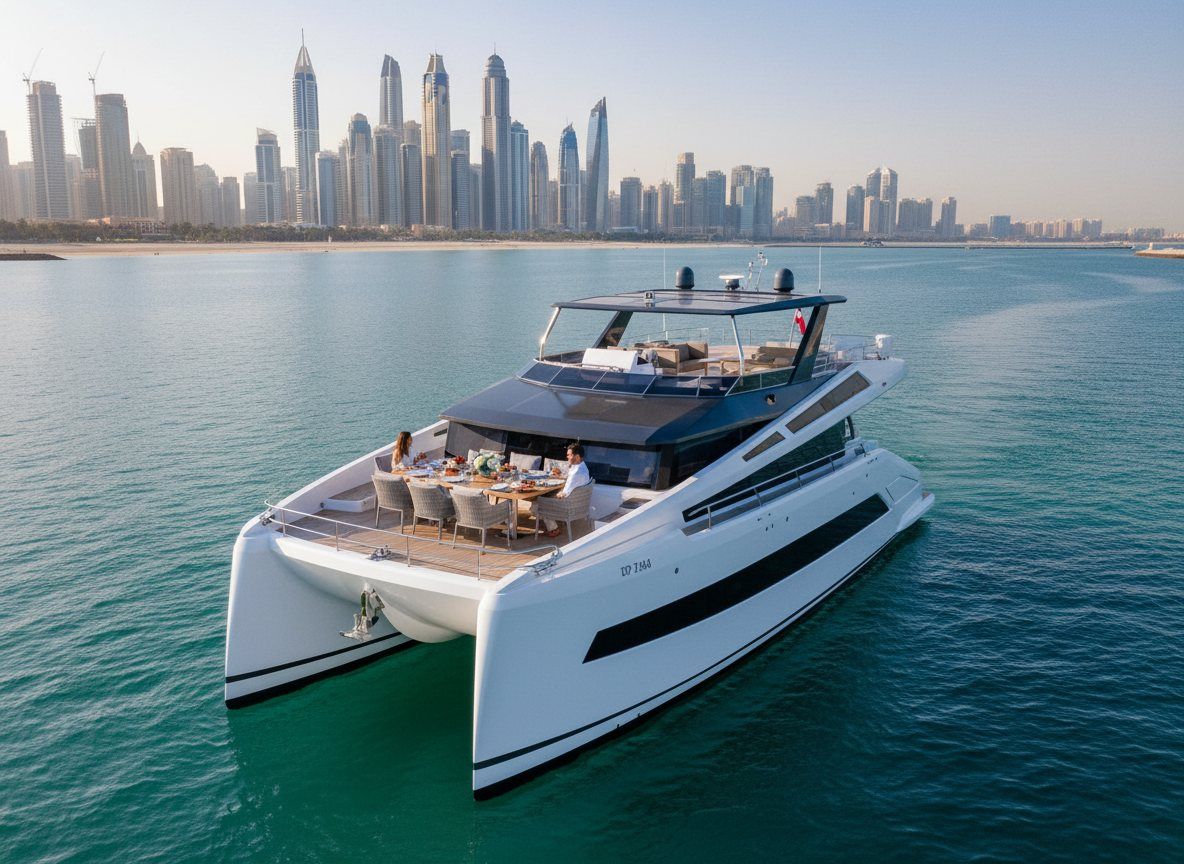 Dining table set on a yacht deck facing the Dubai Marina towers