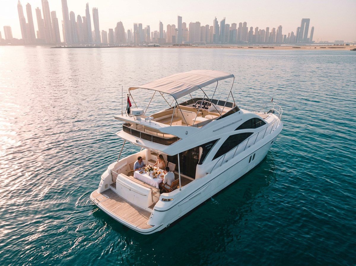 Dining table set on a yacht deck facing the Dubai Marina towers