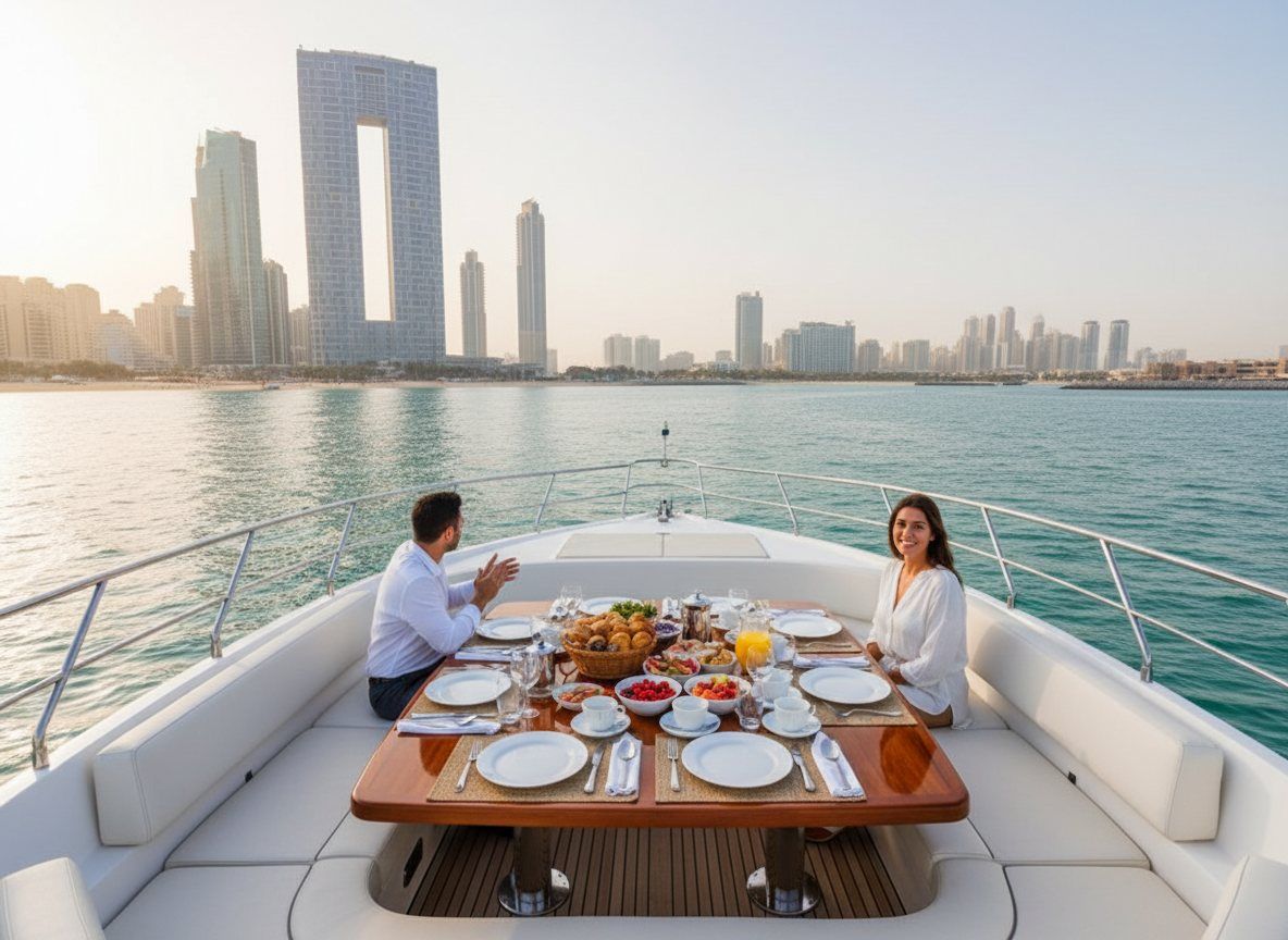 Dining table set on a yacht deck with Dubai Marina skyscrapers in the background