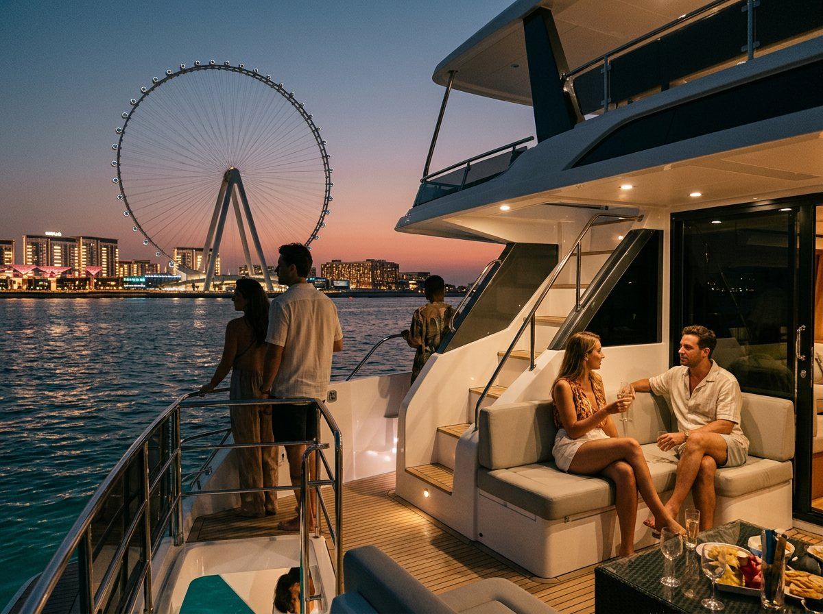 Dubai city lights sparkling along the coast viewed from a boat deck