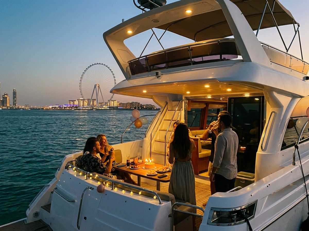 Dubai city lights sparkling along the coast viewed from a boat deck