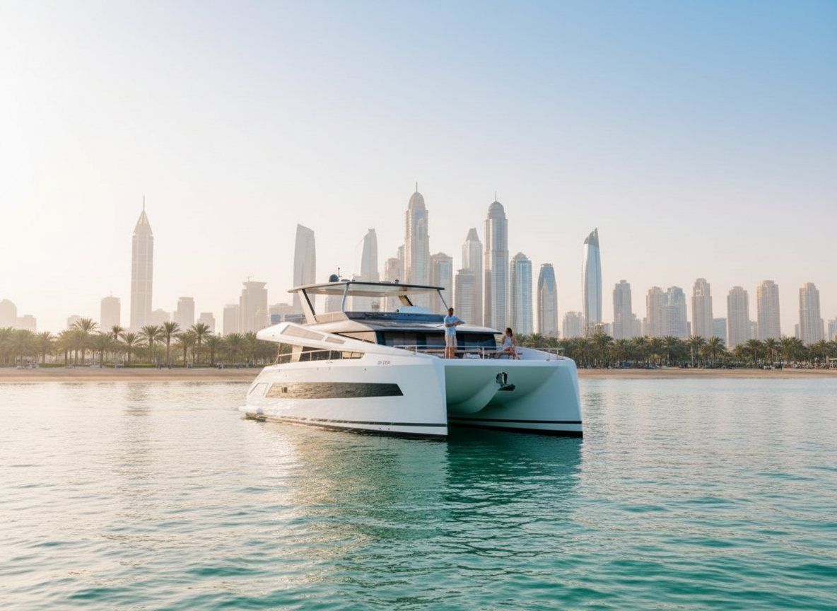 Dubai coastal promenade lined with palm trees alongside sleek modern glass skyscrapers