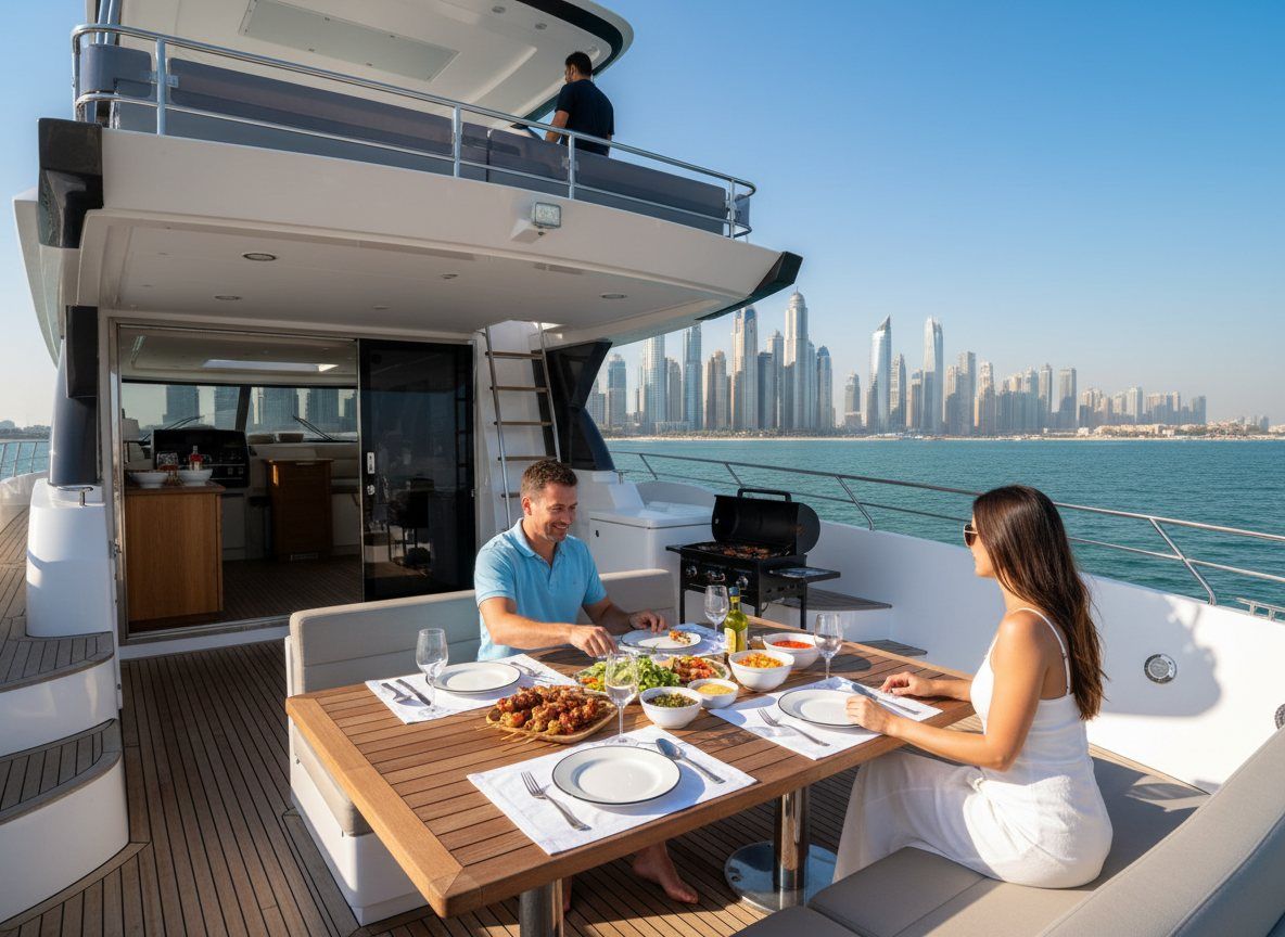 Elegantly set aft deck table with Dubai Marina skyline across the water