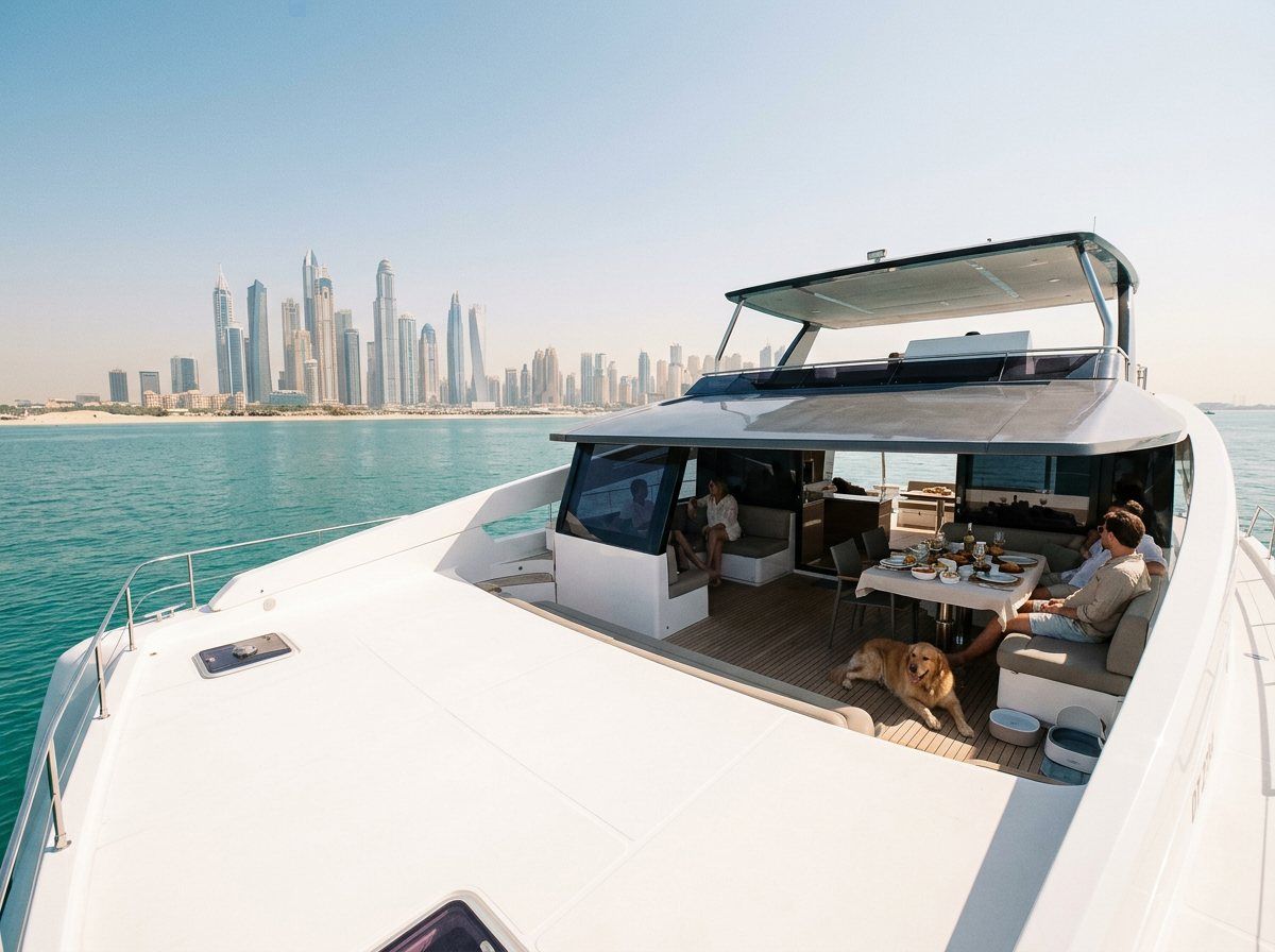 Elegantly set dining table on a luxury yacht deck near Dubai Marina