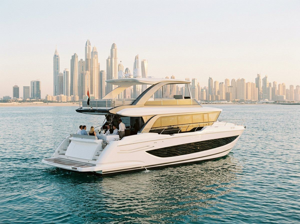 Elegantly set dining table on a yacht deck facing Dubai Marina skyscrapers