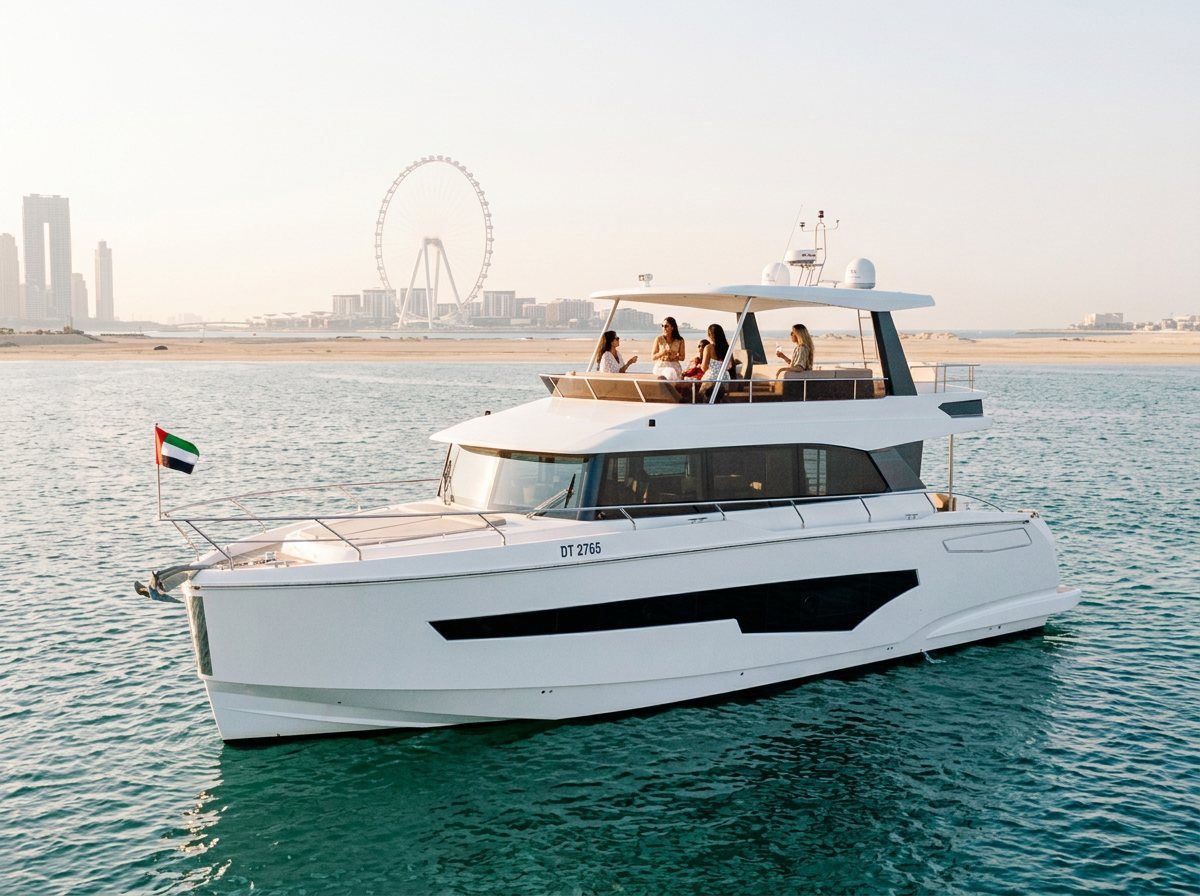 Flybridge area with guests having drinks in front of Ain Dubai wheel