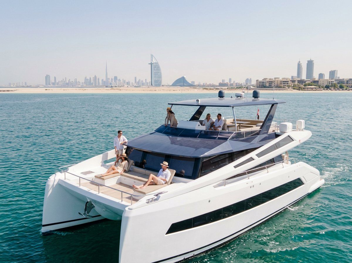 Friends relaxing on a yacht flybridge with the Dubai coastline behind them