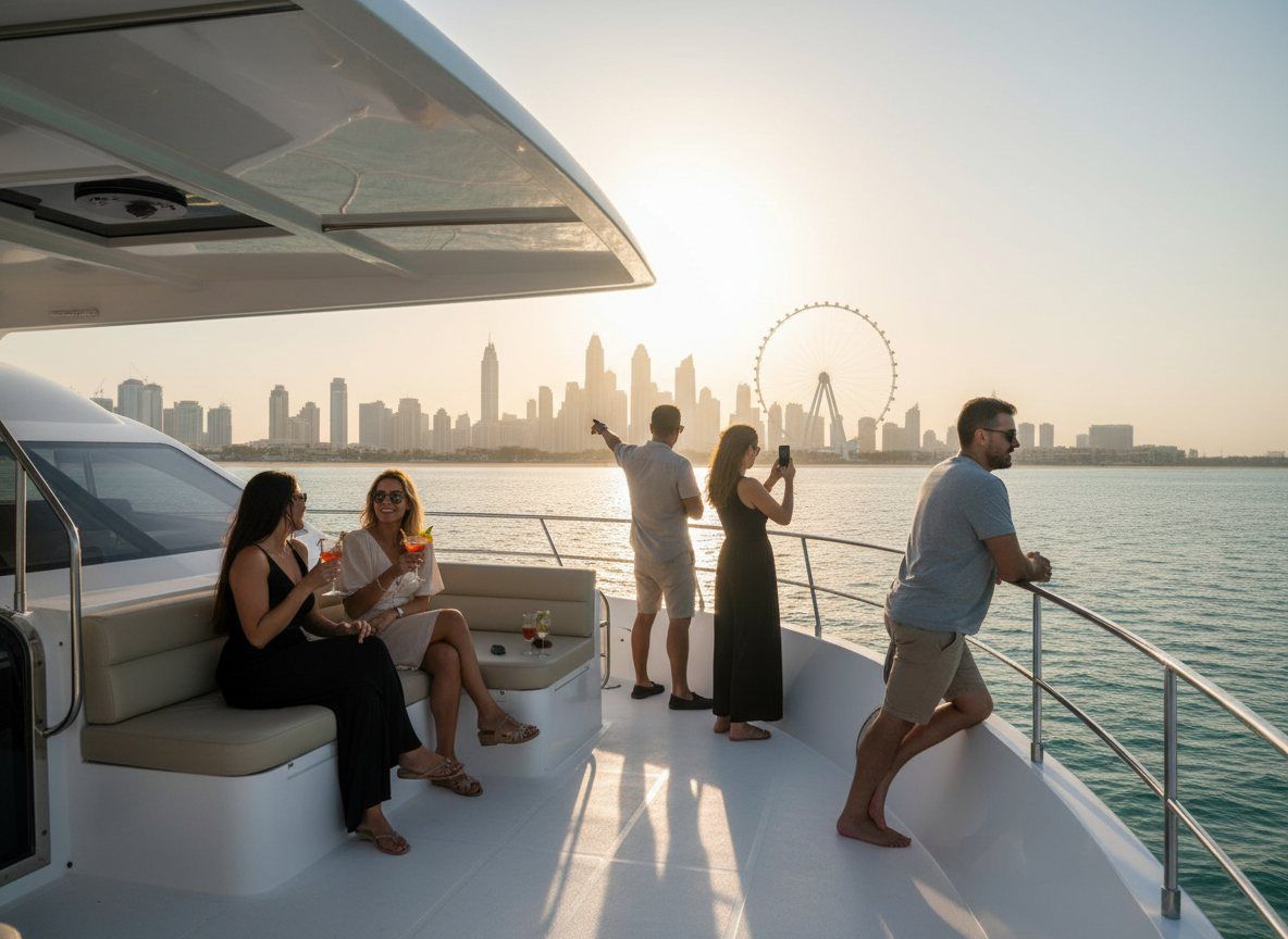 Friends sharing drinks on the flybridge with Ain Dubai on the horizon