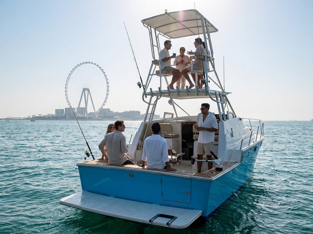 Friends socialising with drinks on a yacht flybridge against Ain Dubai background