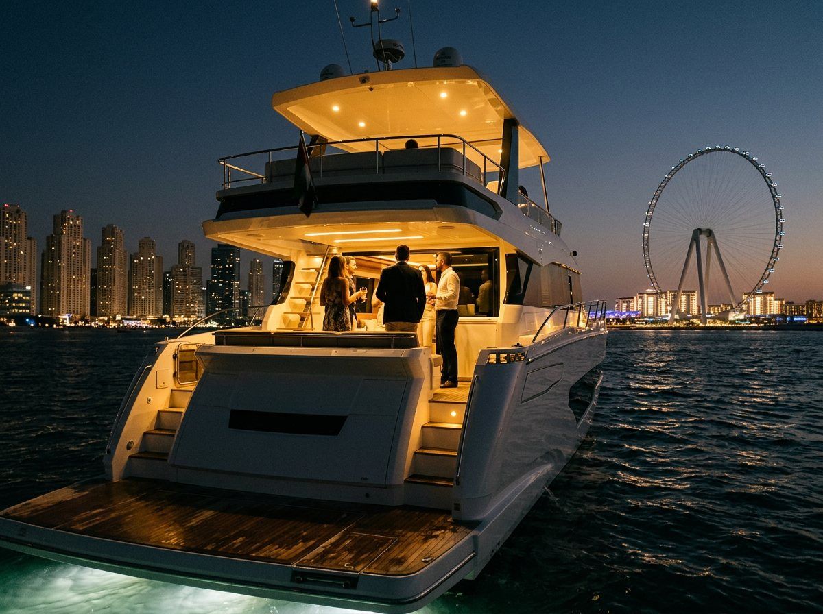 Friends socialising with drinks on a yacht flybridge against Ain Dubai background