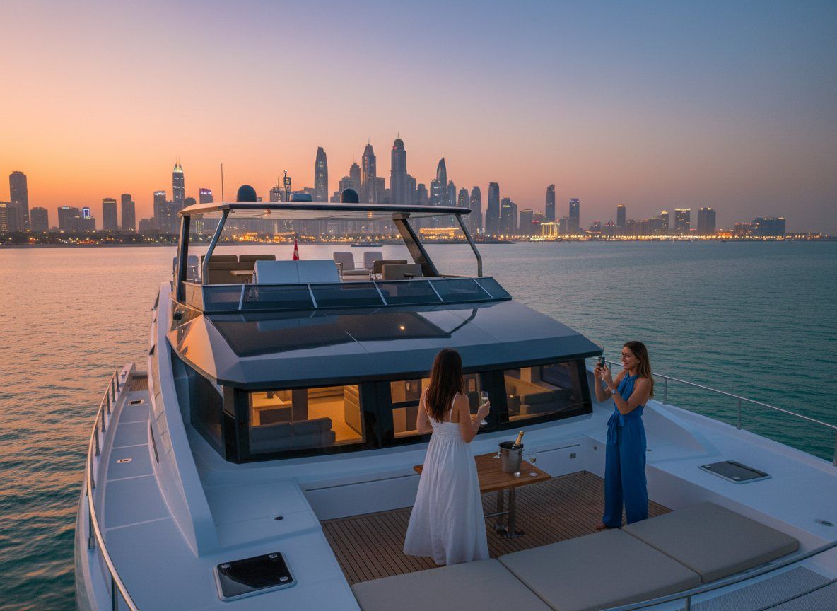 Glowing evening lights of the Dubai city shoreline viewed from a yacht deck