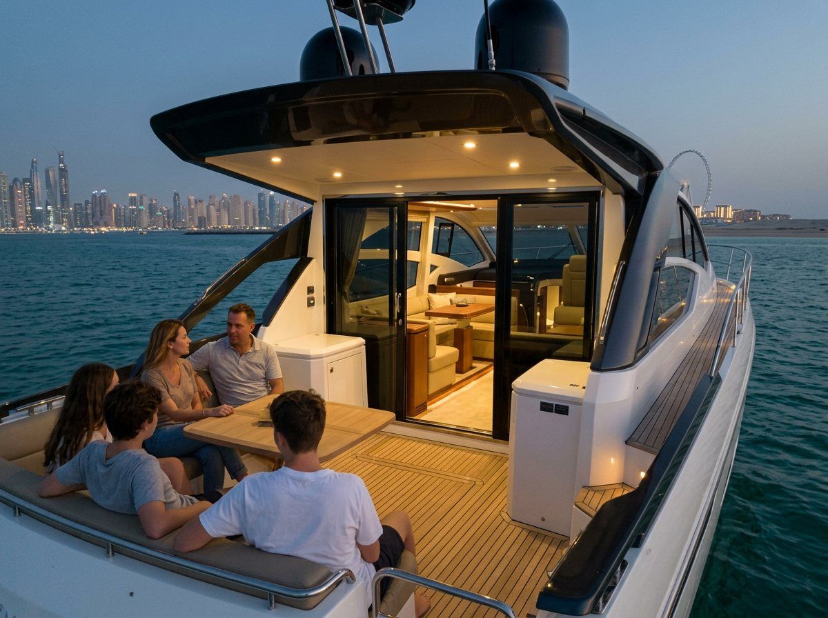 Glowing evening lights of the Dubai city shoreline viewed from a yacht deck