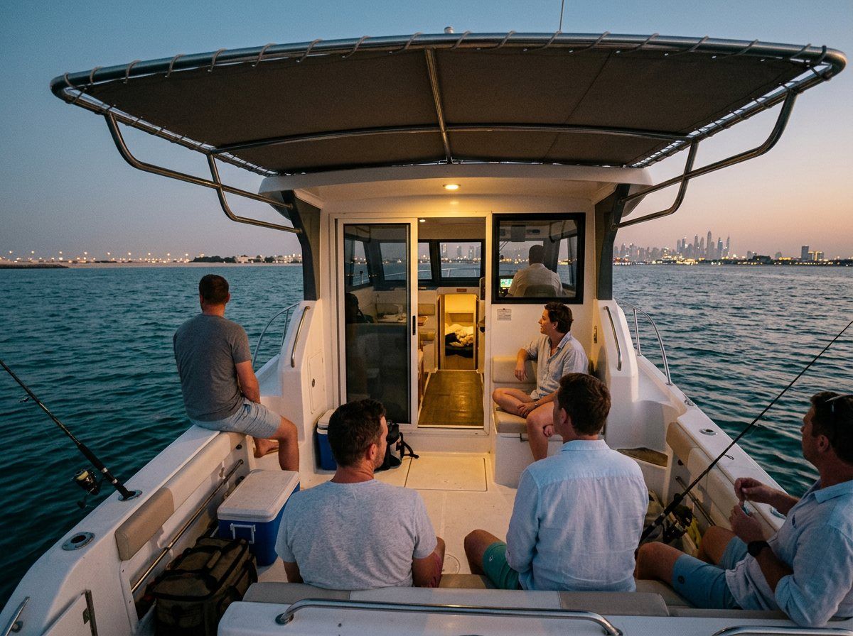 Sicht vom Deck der Yacht auf die schimmernden Lichter der Küste von Dubai