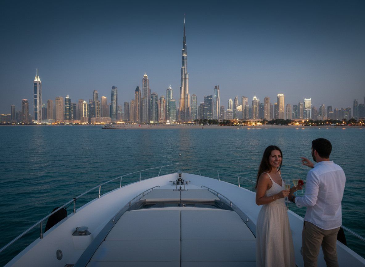Glowing lights of the Dubai coast reflected in the water from a yacht platform