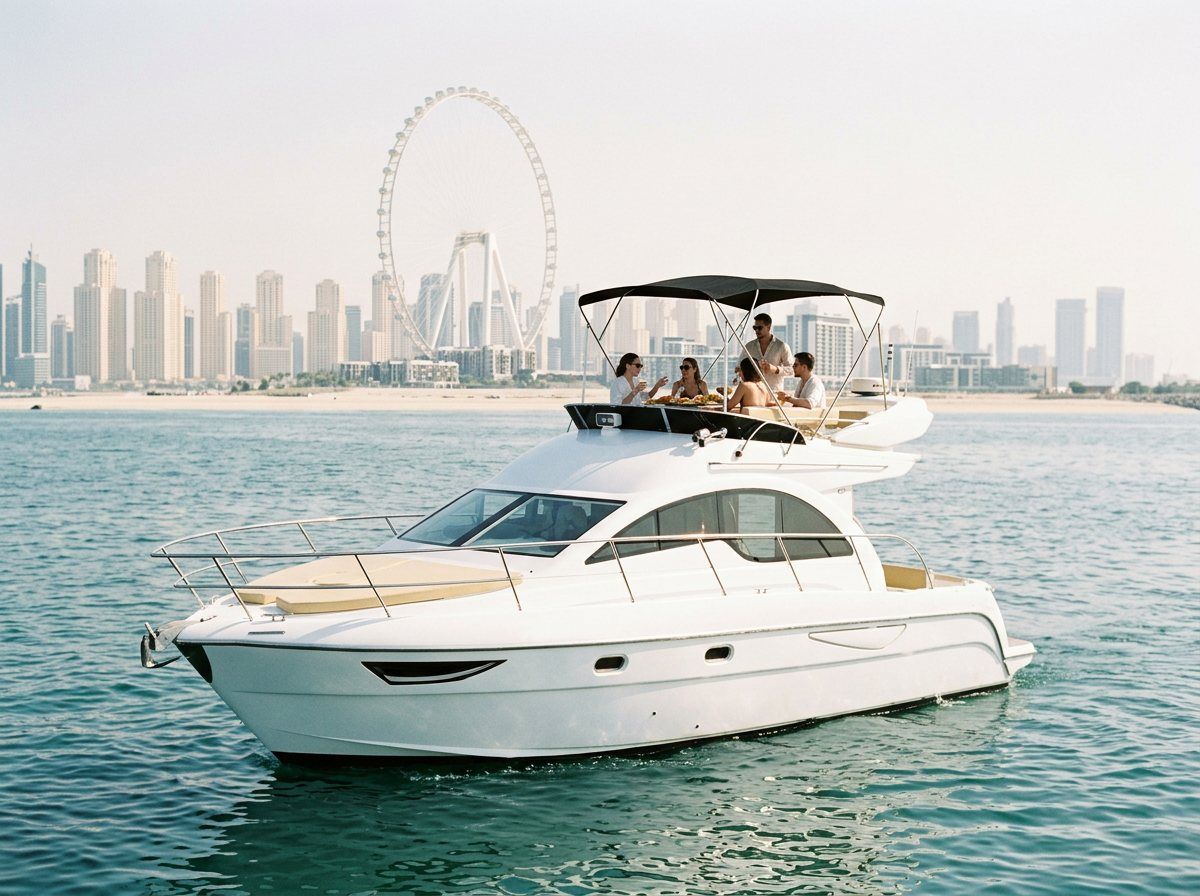 Passagers prenant un verre sur le flybridge devant Ain Dubai