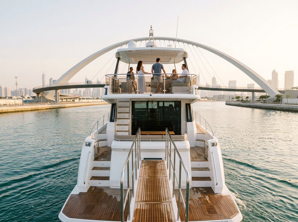 Eine kleine Gruppe von Gästen genießt die Aussicht auf der Flybridge einer Yacht