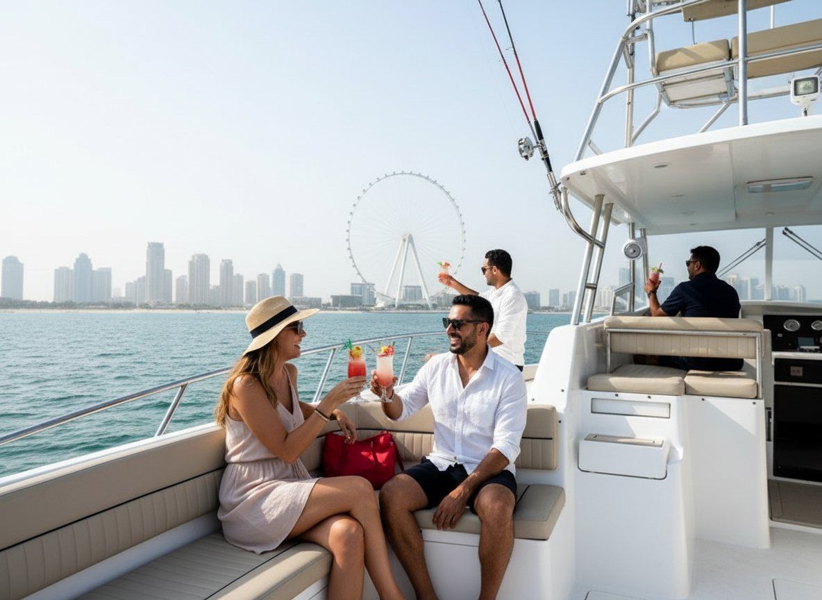 Gäste entspannen mit Getränken auf der Flybridge vor der Skyline von Dubai