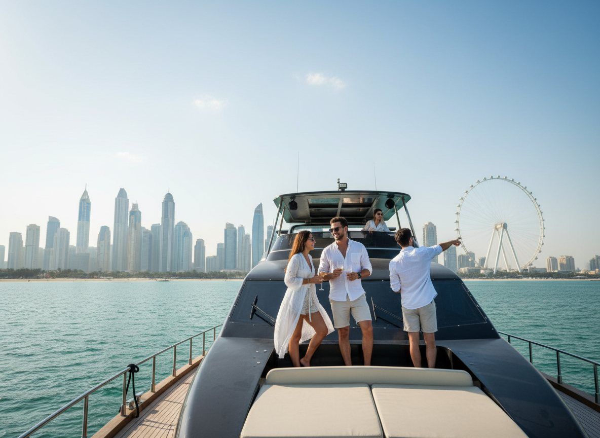 Group relaxing with beverages on a yacht flybridge near Ain Dubai