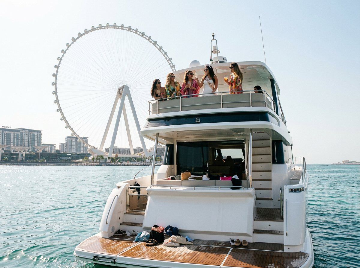 Group relaxing with beverages on a yacht flybridge near Ain Dubai