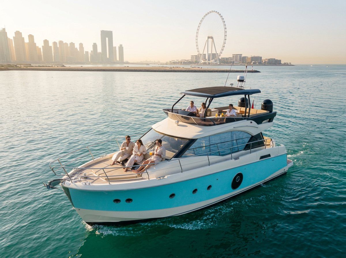 Guests enjoying drinks on a yacht flybridge near Ain Dubai