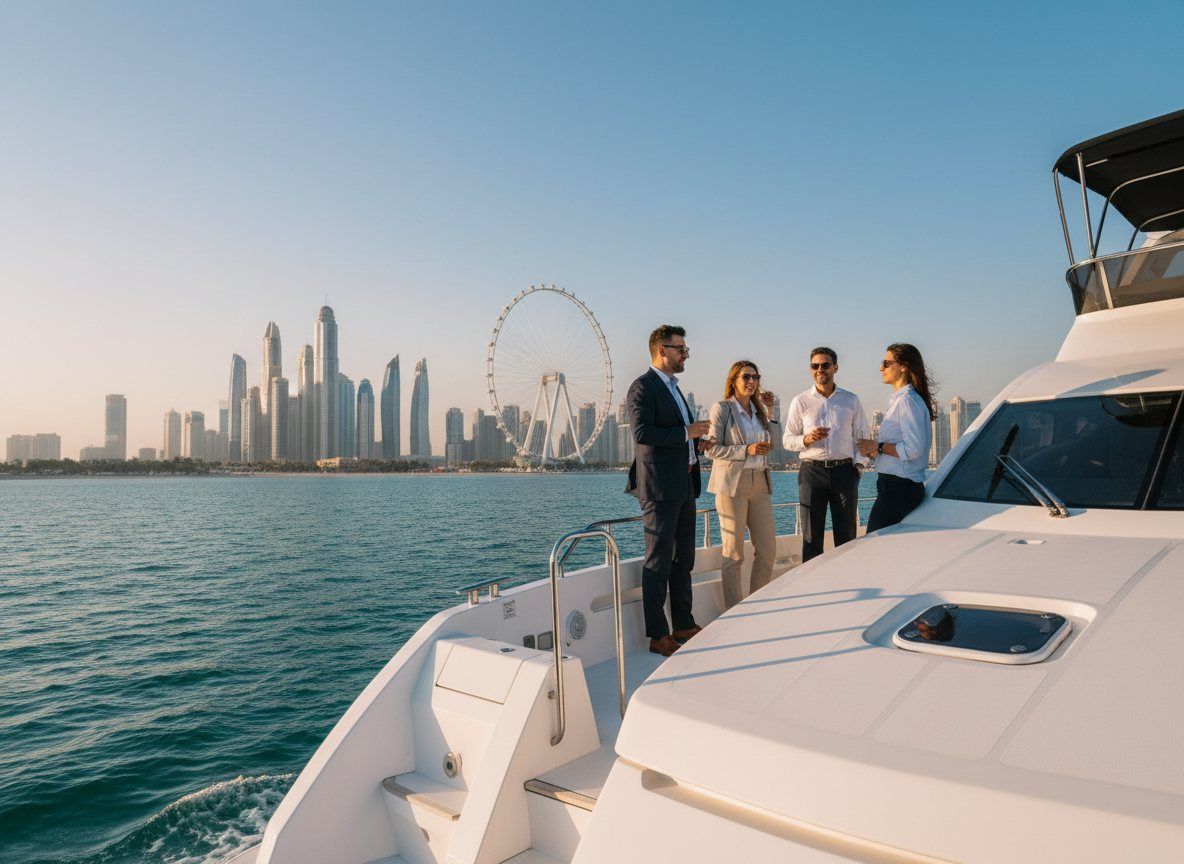Guests enjoying drinks on a yacht flybridge near Ain Dubai and city skyline