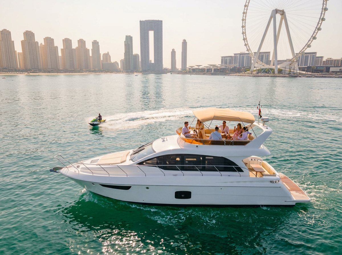 Guests enjoying drinks on a yacht flybridge near Ain Dubai