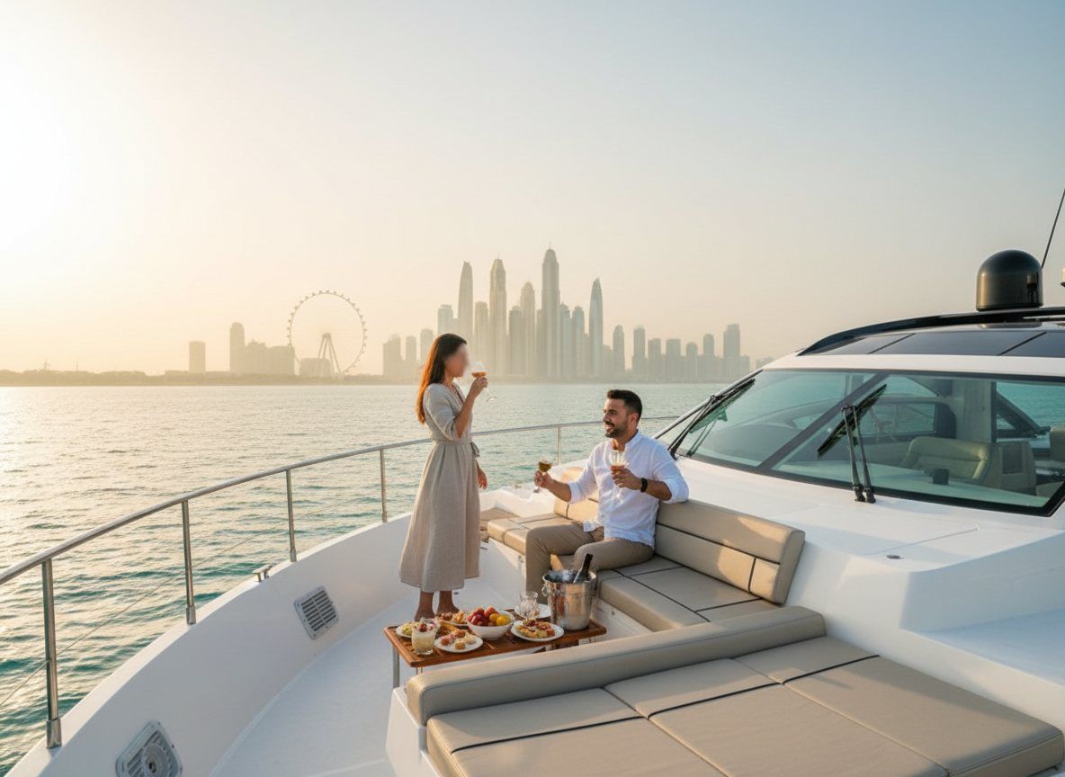 Guests enjoying drinks on a yacht flybridge with Ain Dubai in the background
