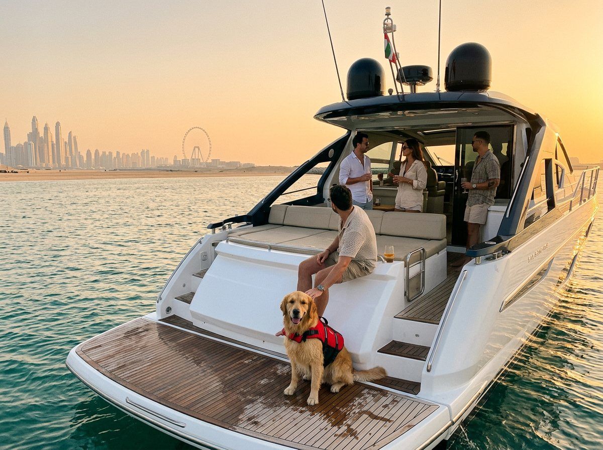 Guests holding drinks on the flybridge against the glowing Dubai city skyline