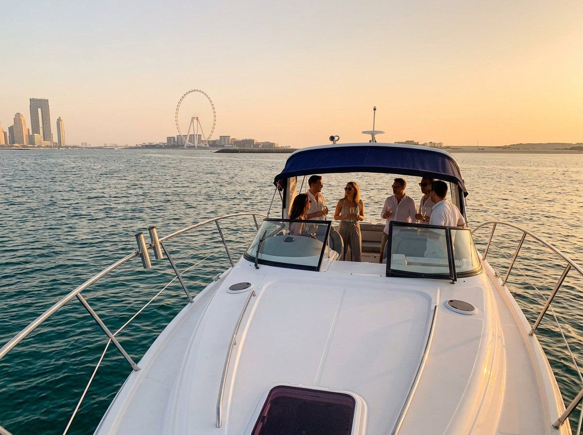 Guests relaxing on the top deck with drinks as the sun sets over Dubai