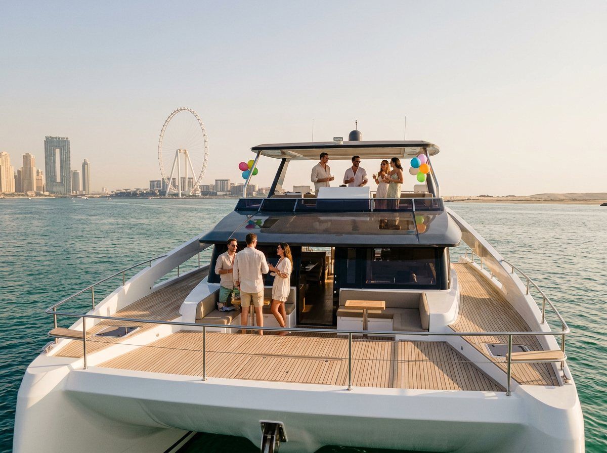 Guests relaxing with drinks on a yacht flybridge near Ain Dubai